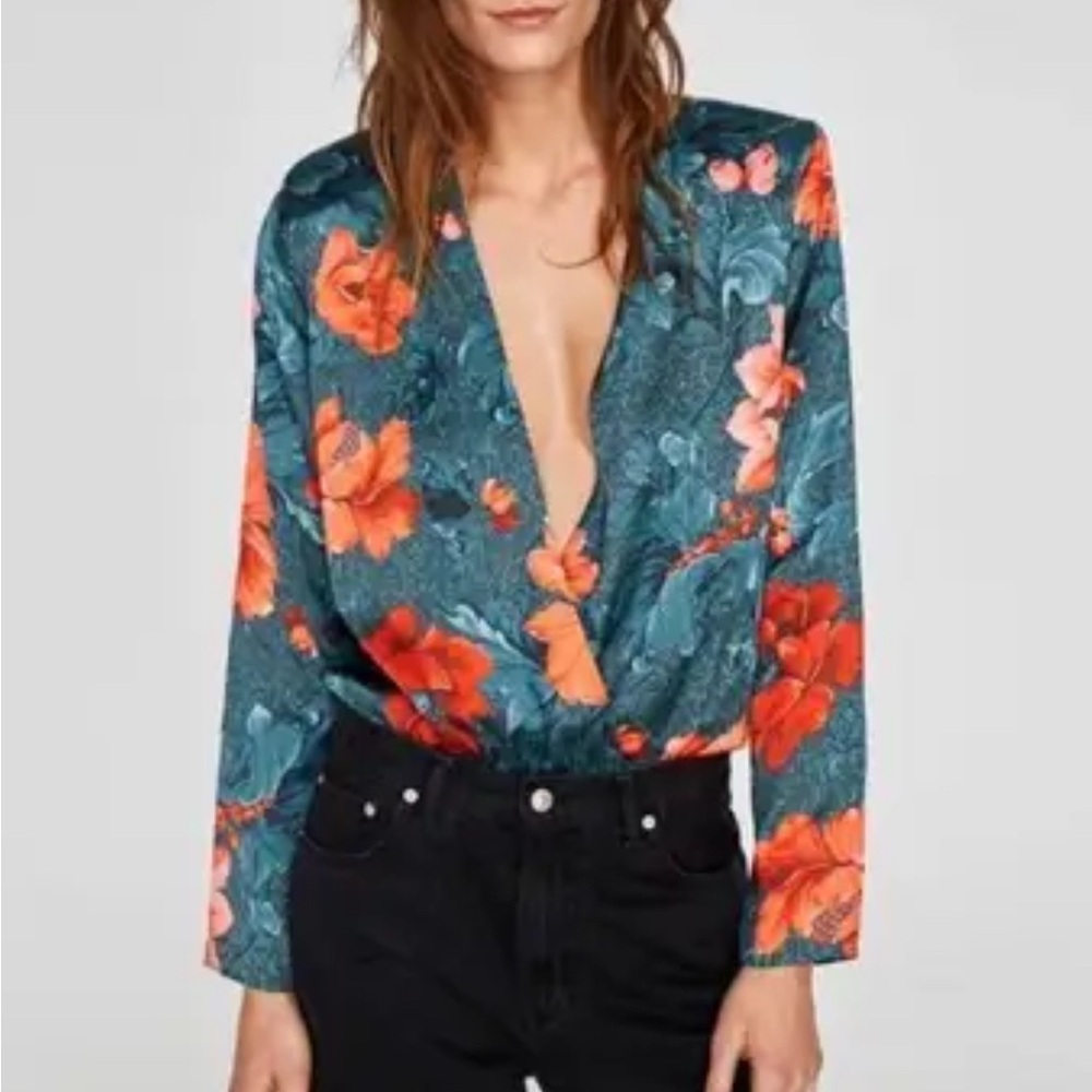 Chic Zara Floral Bodysuit - Teal and Red size S